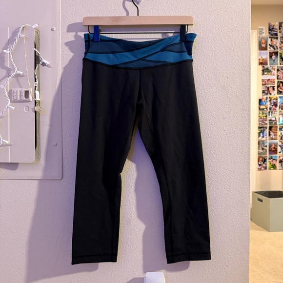 lululemon athletica Pants - Lululemon Athletica Black Cropped Leggings with Blue Waistband